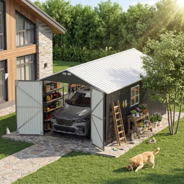 product-12x20-metal-shed-black-white-scene-img Patiowell 12x20 ft Metal Shed Outdoor Garage with Double Doors & Windows, Black & White